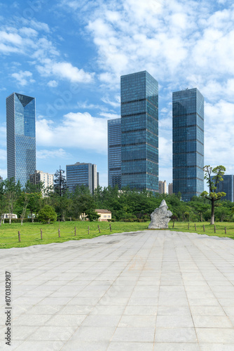 city park with modern building background in shanghai