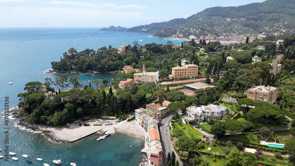 Italy , Liguria , Rapallo , drone aerial view of San Michele di Pagana Beach close to Santa Margherita and Portofino near Genoa . The amazing mediterranean costline in Tigullio gulf natural park
