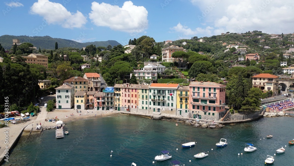 Italy , Liguria , Rapallo , drone aerial view of San Michele di Pagana Beach close to Santa Margherita and Portofino near Genoa . The amazing mediterranean costline in Tigullio gulf natural park