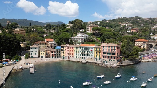 Obraz na płótnie Italy , Liguria , Rapallo , drone aerial view of San Michele di Pagana Beach close to Santa Margherita and Portofino near Genoa . The amazing mediterranean costline in Tigullio gulf natural park w salonie