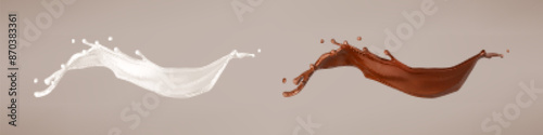 Milk and chocolate splash. Milkshake and melted brown choco. Realistic vector illustration