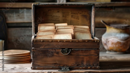 A Vintage Wooden Recipe Box Filled With Natural Recipe Cards In A Rustic Kitchen Setting