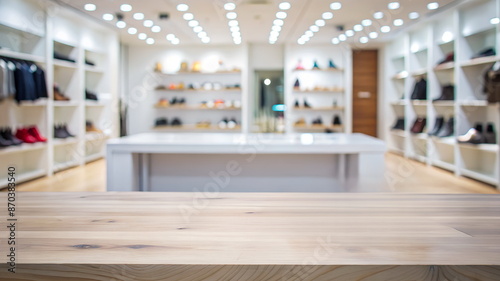 Empty wooden table top for product display presentation on blured shoe store background. Banner. Space for text. 