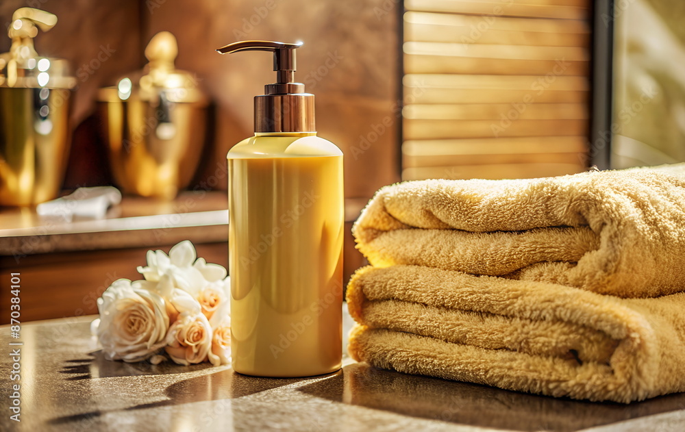 Shampoo bottle blank mockup, empty soap bottle , towels on bathroom background. table top and copy space. Yellow color Shampoo bottle blank mockup, empty soap bottle , towels on bathroom background. table top and copy space. Yellow color