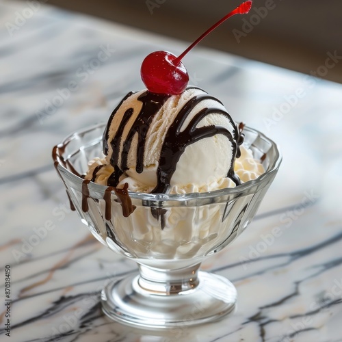 A scoop of vanilla ice cream drizzled with chocolate sauce and topped with whipped cream, served in a glass dessert bowl with a cherry on top, set on a marble table.