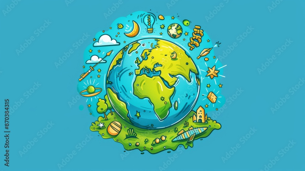 Naklejka premium 3D Vibrant Earth Day Globe Surrounded by Eco-Friendly Elements on Fresh Background