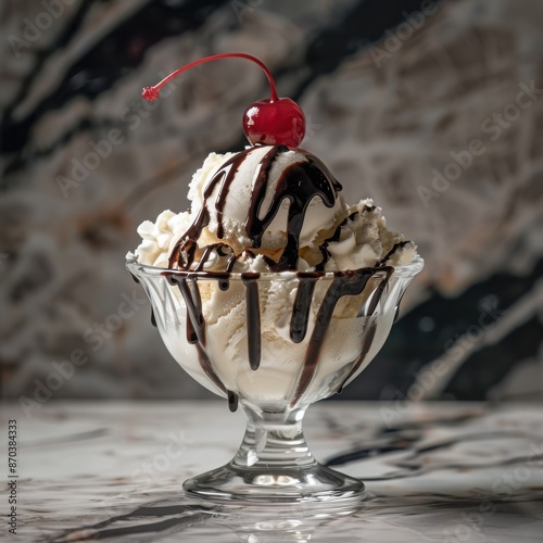 A scoop of vanilla ice cream drizzled with chocolate sauce and topped with whipped cream, served in a glass dessert bowl with a cherry on top, set on a marble table.