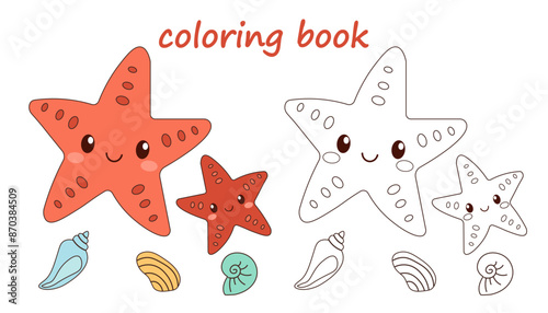 Coloring book with cute starfish and sea shells , Coloring page for kids,  fish vector illustration