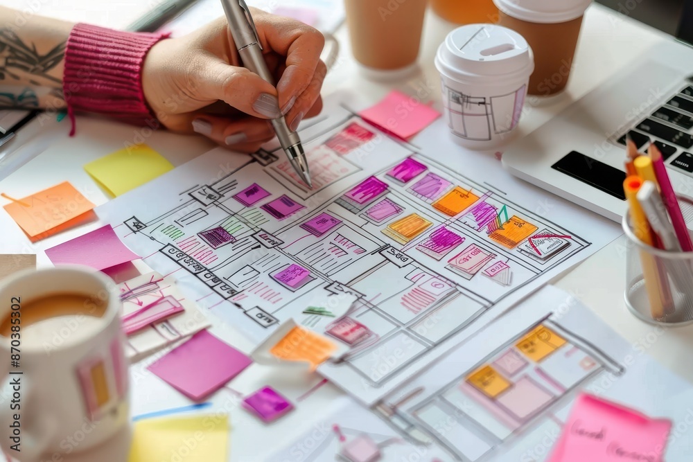Close-up of hand with pen marking business strategy flowchart, surrounded by notes, laptops, coffee cups. Close-up of hand with pen marking business strategy flowchart, surrounded by notes, laptops, coffee cups.