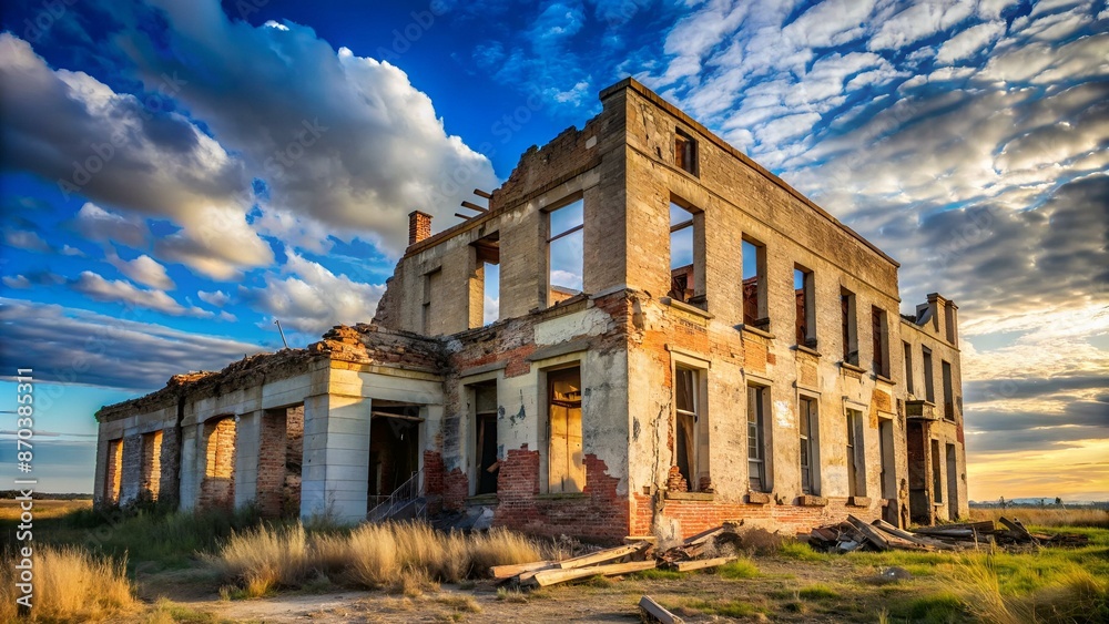 abandoned dilapidated ruined building. blue sky. abandoned dilapidated ruined building. blue sky.