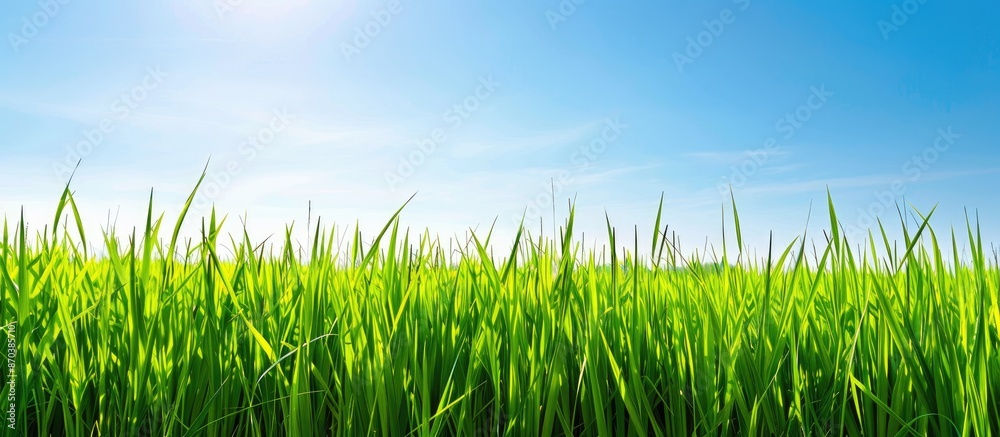 Fototapeta premium Springtime paddy field under clear blue sky, with ample copy space image.