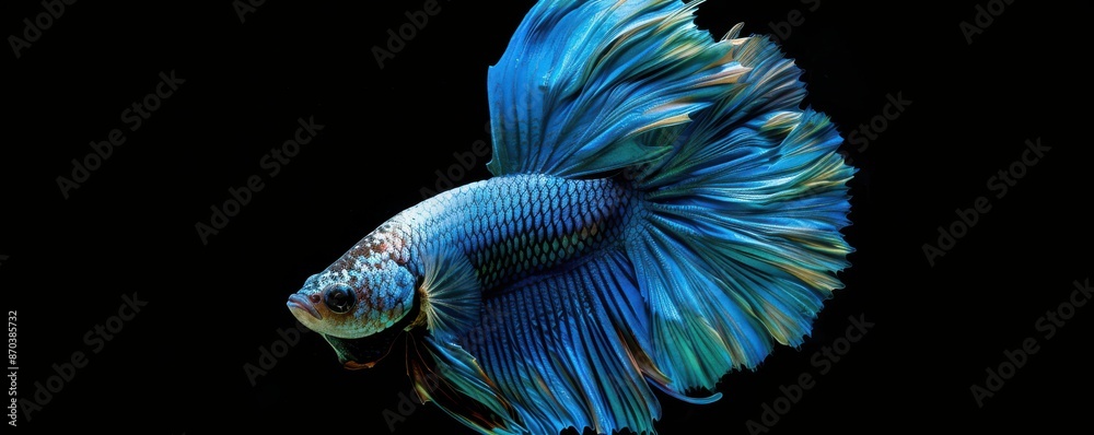 Blue Siamese fighting fish, Half Moon, dynamic and elegant underwater scene. Free copy space for text. Blue Siamese fighting fish, Half Moon, dynamic and elegant underwater scene. Free copy space for text.