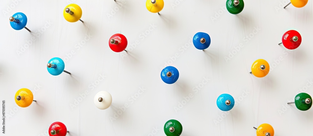 A variety of colorful push pins displayed on a blank white backdrop with copy space image. A variety of colorful push pins displayed on a blank white backdrop with copy space image.