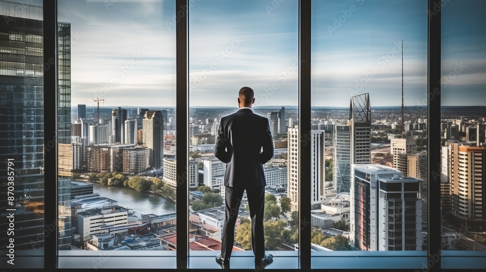 Corporate vision businessman contemplating future in high rise office with city view Corporate vision businessman contemplating future in high rise office with city view