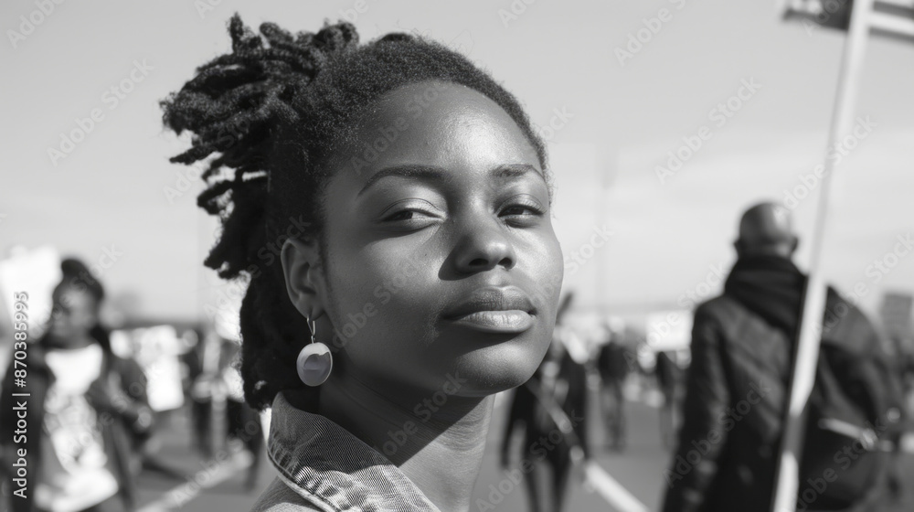 A woman with dreadlocks stands in front of a crowd of people. She is wearing a necklace and earrings A woman with dreadlocks stands in front of a crowd of people. She is wearing a necklace and earrings