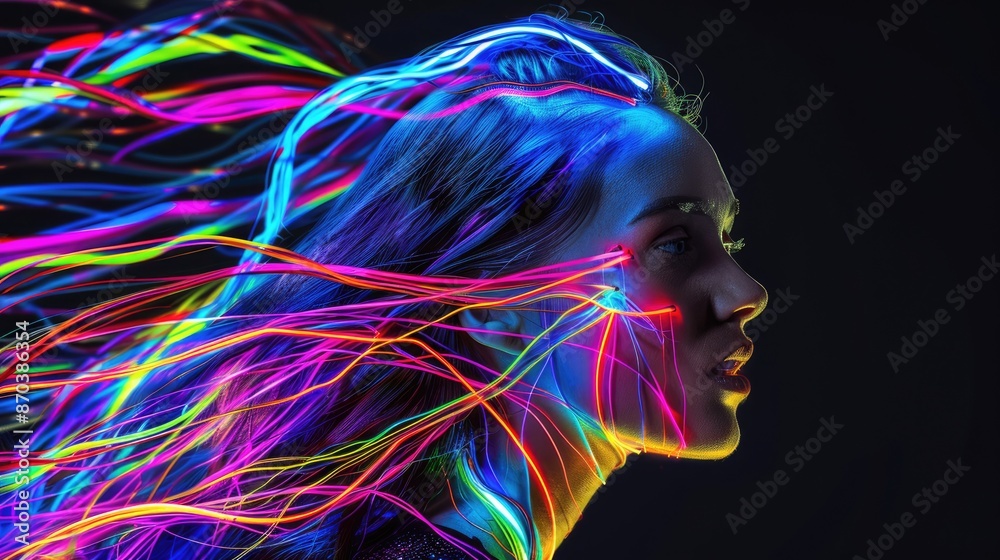 a woman with long hair made of colorful neon
