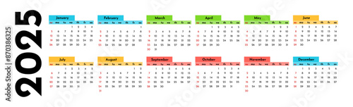 Calendar for 2025 isolated on a white background