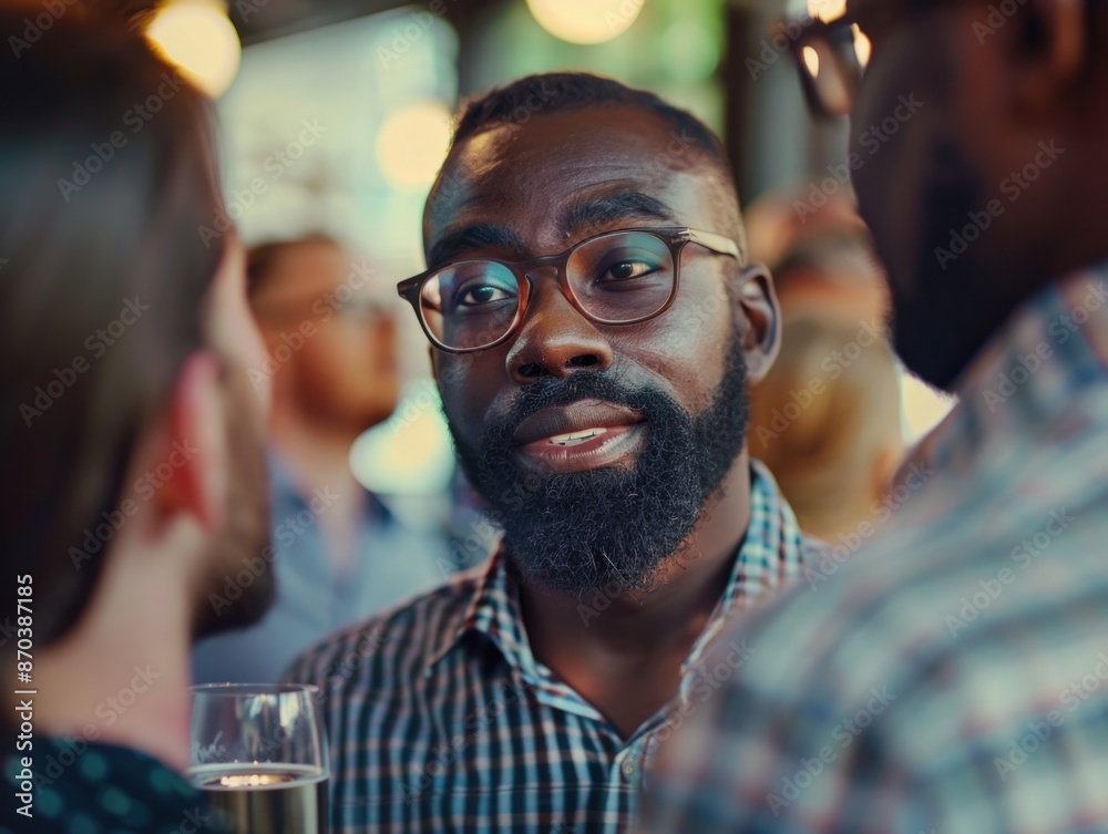 A man with glasses is talking to another man. There are other people in the background A man with glasses is talking to another man. There are other people in the background