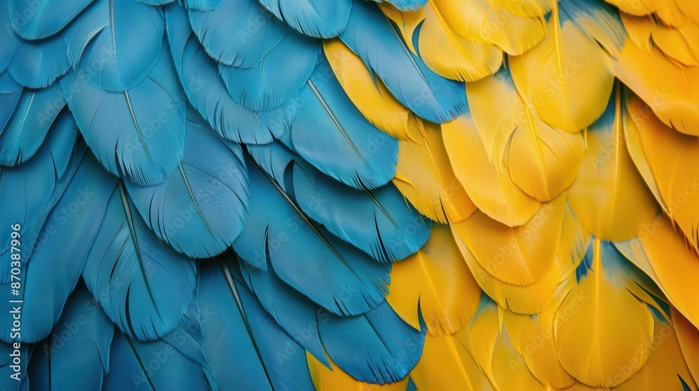 Fototapeta premium Vibrant array of macaw feathers in bright blues and yellows