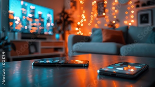 Wallpaper Mural Two smartphones on a table with a cozy living room illuminated by bokeh lights in the background Torontodigital.ca