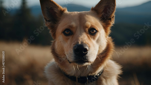 A charming portrait of a dog , their eyes locked on the  camera 