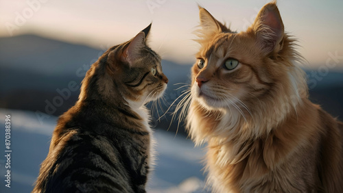 A charming portrait of a dog and cat, their eyes locked on the camera with a sense of curiosity and wonder. The dog's fur is fluffy and the cat's fur is sleek, adding texture and depth to the image