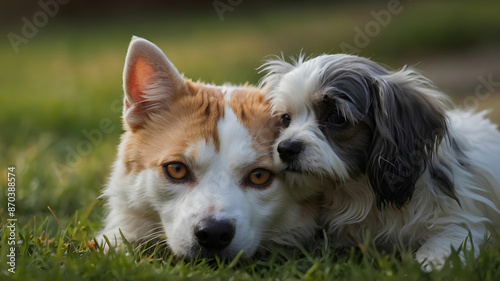 A charming portrait of a dog and cat, their eyes locked on the camera with a sense of curiosity and wonder. The dog's fur is fluffy fur is sleek, adding texture and depth to the image