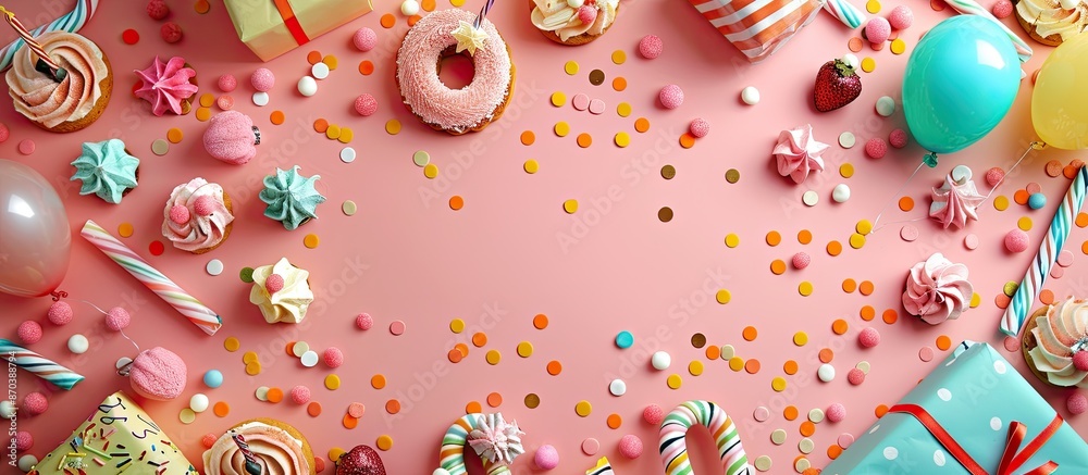 Fototapeta premium Colorful birthday background with festive garlands, pastries, and gifts, including space for text and number 58 candles. copy space available