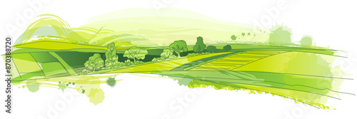 Vector sketch Green grass field on small hills. Meadow, alkali, lye, grassland, pommel, lea, pasturage, farm. Rural scenery landscape panorama of countryside pastures. Watercolor illustration