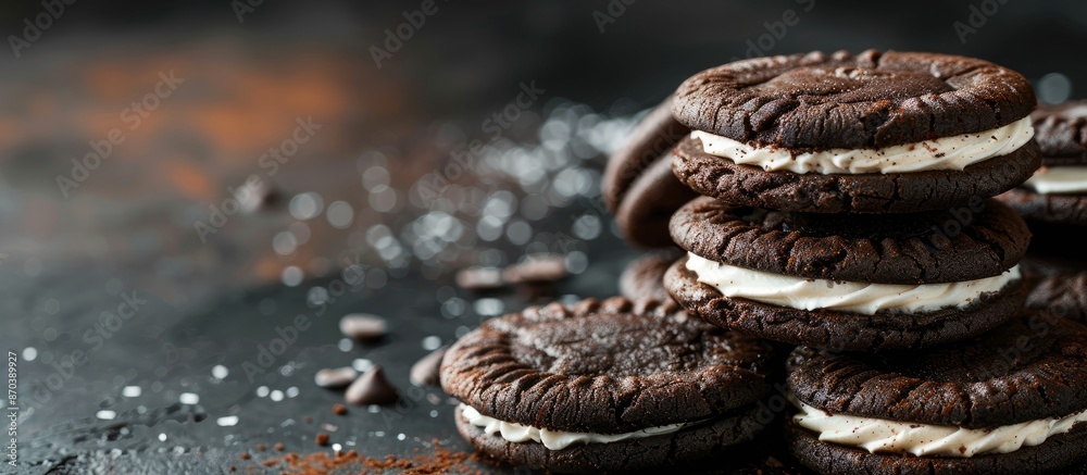 A detailed shot of chocolate cookies filled with cream against a background suitable for adding text or other elements. copy space available A detailed shot of chocolate cookies filled with cream against a background suitable for adding text or other elements. copy space available