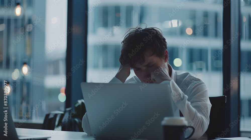 Frustrated depressed businessman holding his head by two hands in front of the laptop, under stress causing a headache. Work overtime.	