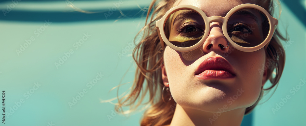 Close up of a young woman wearing round sunglasses, in the background by the poolside with a blue wall, pastel colors. With copy space. Close up of a young woman wearing round sunglasses, in the background by the poolside with a blue wall, pastel colors. With copy space.