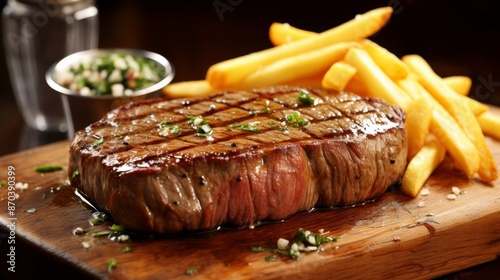 Succulent grilled organic beef steak coupled with crispy golden french fries for ultimate enjoyment