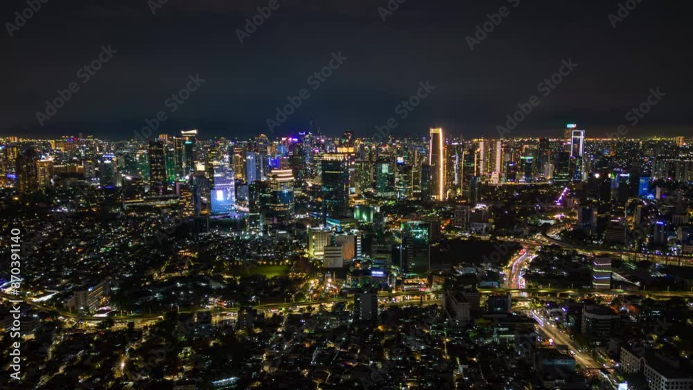 Aerial timelapse of Jakarta city skyline at night, Indonesia Aerial timelapse of Jakarta city skyline at night, Indonesia