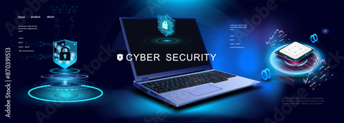 Security and data protection. Cyber banner with open laptop and computer processor. Laptop with digital security and holographic security shield. Modern computer technologies and hacking protection