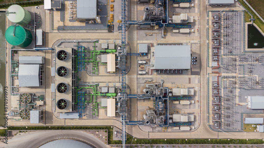 Aerial view sub power station plant, High voltage substation electrical power plant factory energy, Eletric power station with high voltage for indutry factory.