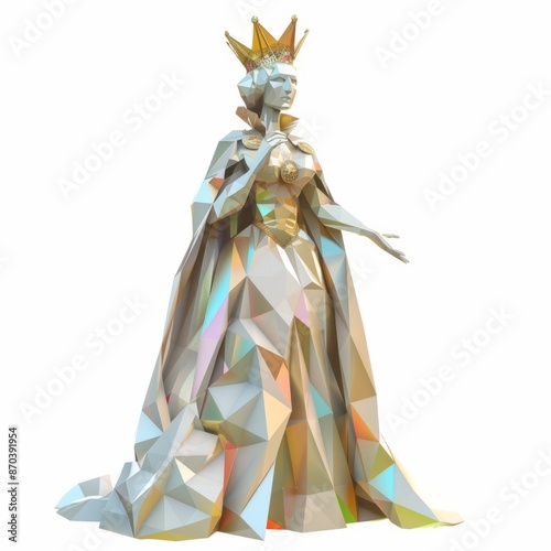 3D Render, Low Poly style of a regal fantasy queen, on isolated white background, Generative AI