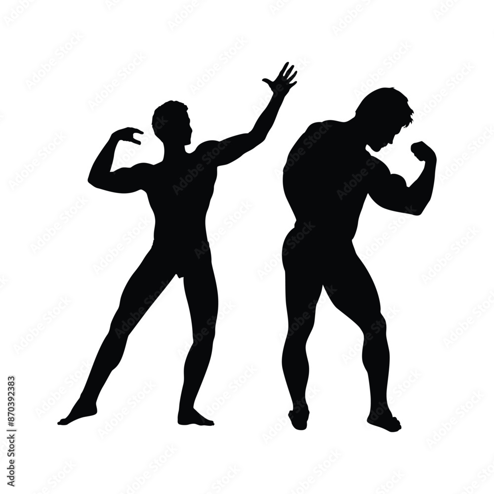 Muscular bodybuilder set vector silhouette illustration isolated on white background. Sport man strong arms. Muscular bodybuilder set vector silhouette illustration isolated on white background. Sport man strong arms.