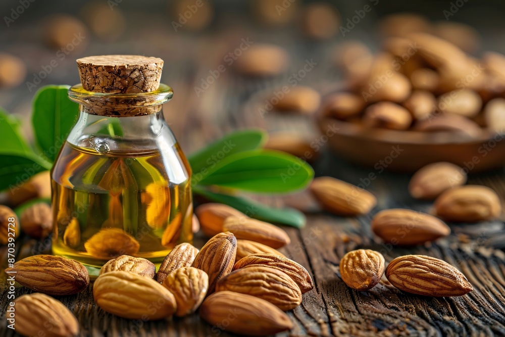 a bottle of almond oil next to nuts a bottle of almond oil next to nuts