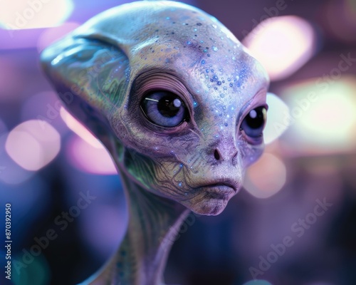 An illustration of an alien with big eyes and a blueish-purple skin. AI.