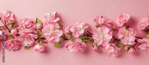 Soft pink flowers bordering a pastel pink background in a flat lay top view with room for text or graphics, creating a serene copy space image. © Gular