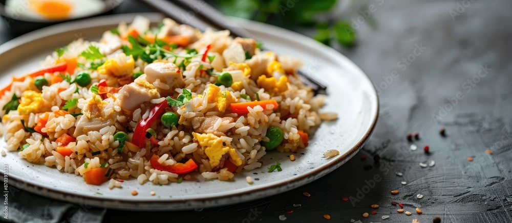 Chicken fried rice with vegetables and egg, arranged appetizingly on a white plate with a noticeable copy space image. Chicken fried rice with vegetables and egg, arranged appetizingly on a white plate with a noticeable copy space image.