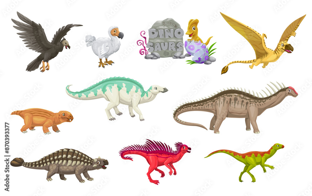 Fototapeta premium Cartoon dinosaur characters and dino kid in egg, vector jurassic animals. Cute dinosaur personages, dodo, lystrosaurus, dimorphodon and dicraeosaurus, saichania, pegomastax and argentavis raptors