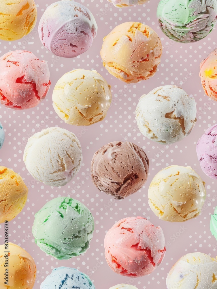 A colorful array of ice cream balls in various flavors. Concept of fun and excitement, as the different colors and flavors of the ice cream balls create a visually appealing and playful scene A colorful array of ice cream balls in various flavors. Concept of fun and excitement, as the different colors and flavors of the ice cream balls create a visually appealing and playful scene