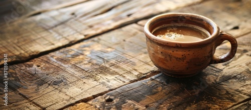 A clay cup with coffee on a rustic wooden table provides a charming copy space image. photo