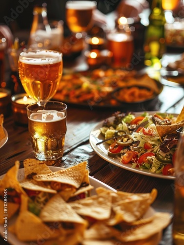 A table with a variety of food and drinks, including a plate of salad and a glass of beer © vefimov