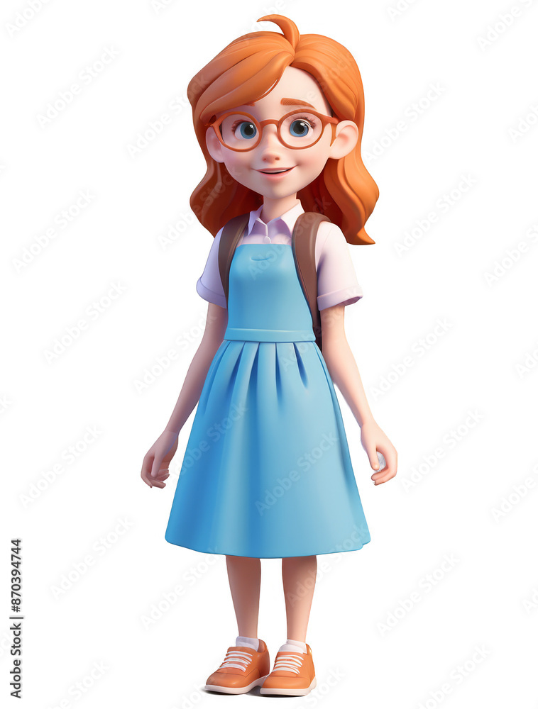 Smiling Redhead Girl in Blue Dress 3D Render. Transparent PNG. Generative AI.