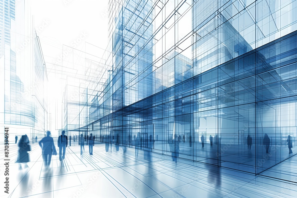 A wireframe drawing of a modern office building downtown with people walking by A wireframe drawing of a modern office building downtown with people walking by