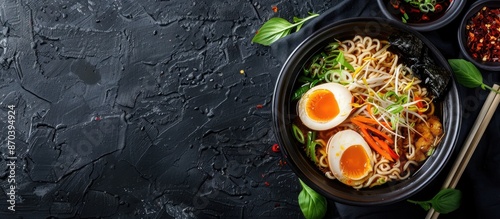 Ramen soup on a dark background enhances the copy space image. photo