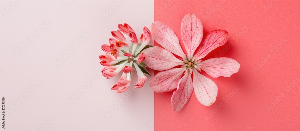 Fototapeta premium Flat lay top-down view of a pink clove flower set against a pink and white background with ample copy space.